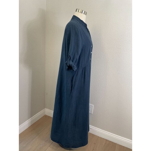 Francesca Bettini Womens Medium Linen Cotton Midi Dress Blue Roll Tab Sleeve - Picture 3 of 11